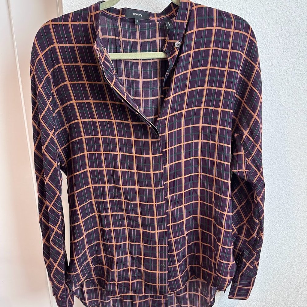 Theory Dolman York Plaid Silk Blouse Top
